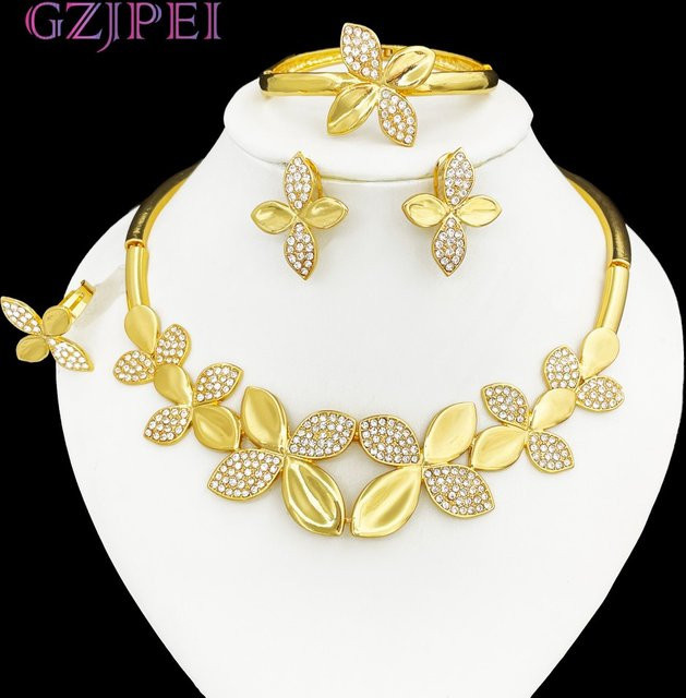 GZJPEI Schmuckset, Blätter-Choker-Armband, Ohrring, Ring, Gold, Zirkonia, Unisex - Bild 1