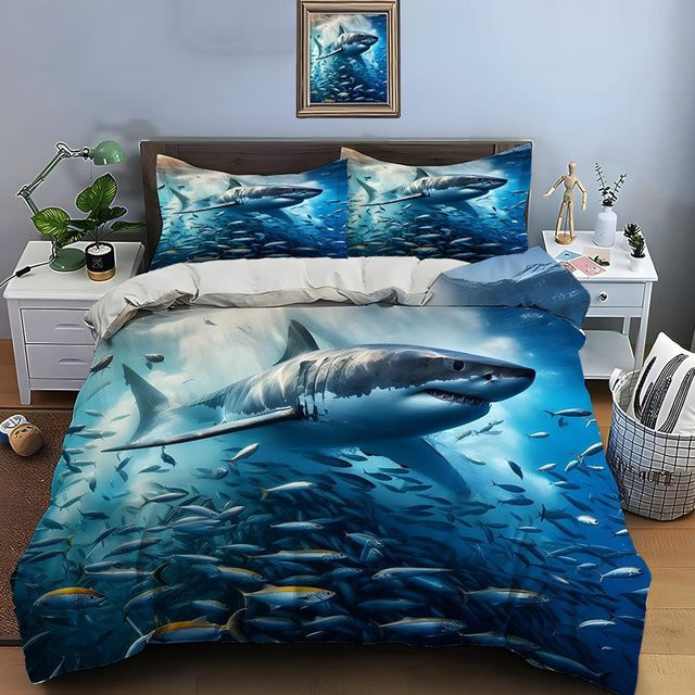 Bettwäsche-Set Flylo mit Hai- und Fischschwarm-Print, Blau, B/H: 140 x 210 cm - Bild 1