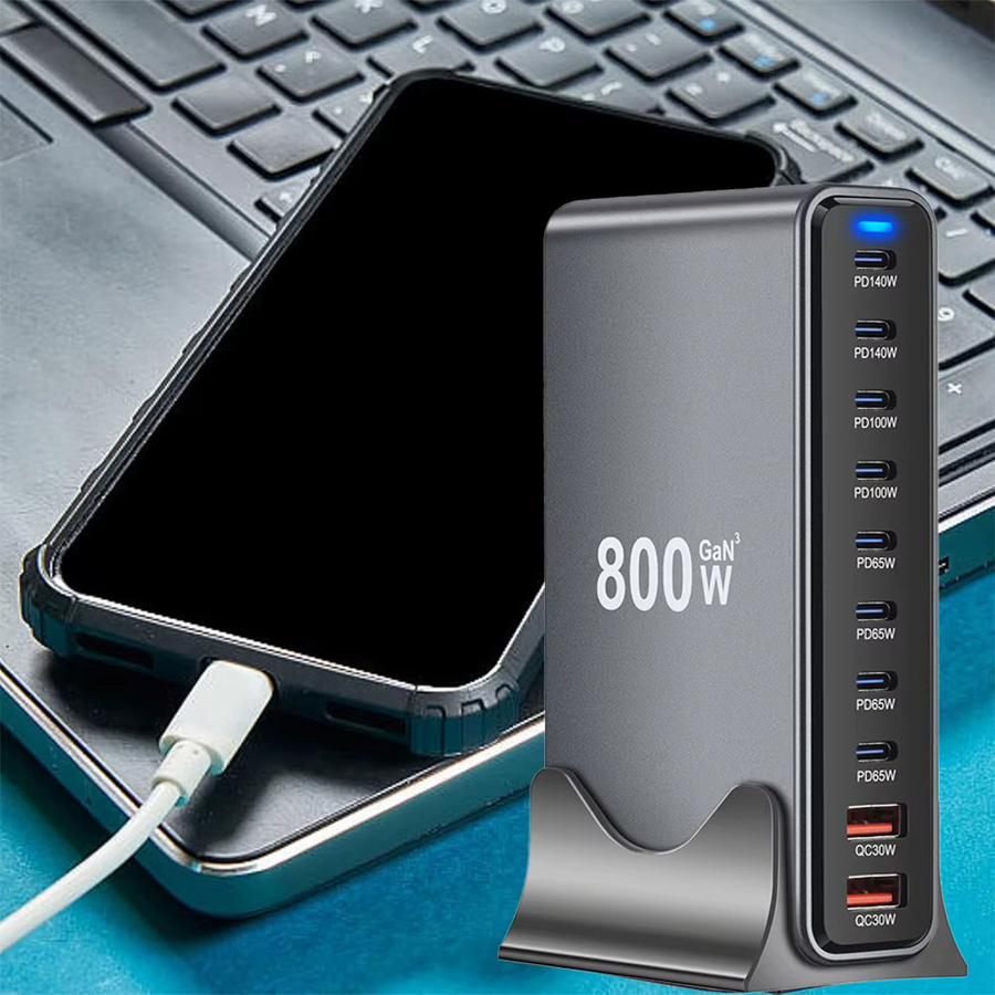OIMG 800 W GaN Schnellladestation mit 10 Ports und Dual 140 W PD3.1 USB C Tischladegerät in Schwarz und Grau - Bild 2