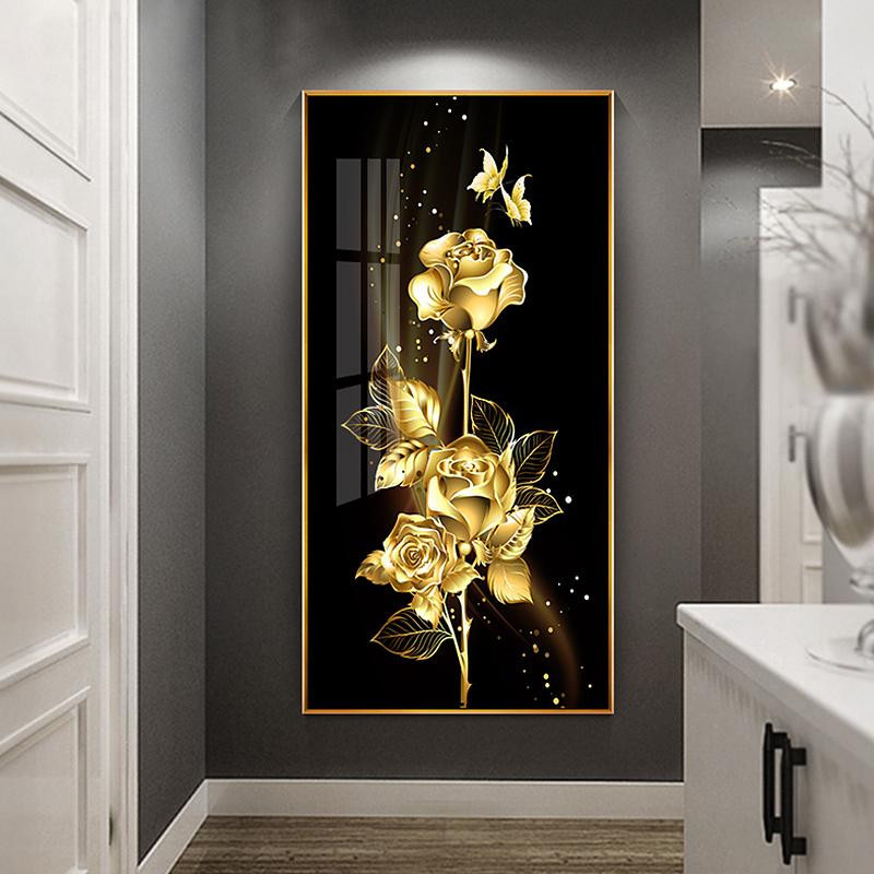 GIEKIKI Abstrakte Leinwandmalerei mit Rose, Blume und Schmetterling in Schwarz, Gold und Weiß, Modernes Wandbild für dein Wohnzimmer, B x H: 50 x 100 cm - Bild 2