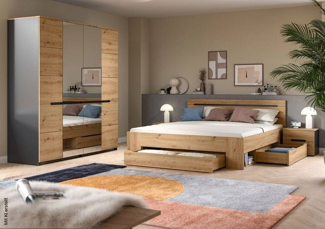 Schlafzimmer Set CANU von xonox.home in Basaltgrau mit Bettgestell, Nachttisch und Kleiderschrank in Artisan Nachbildung - Bild 1