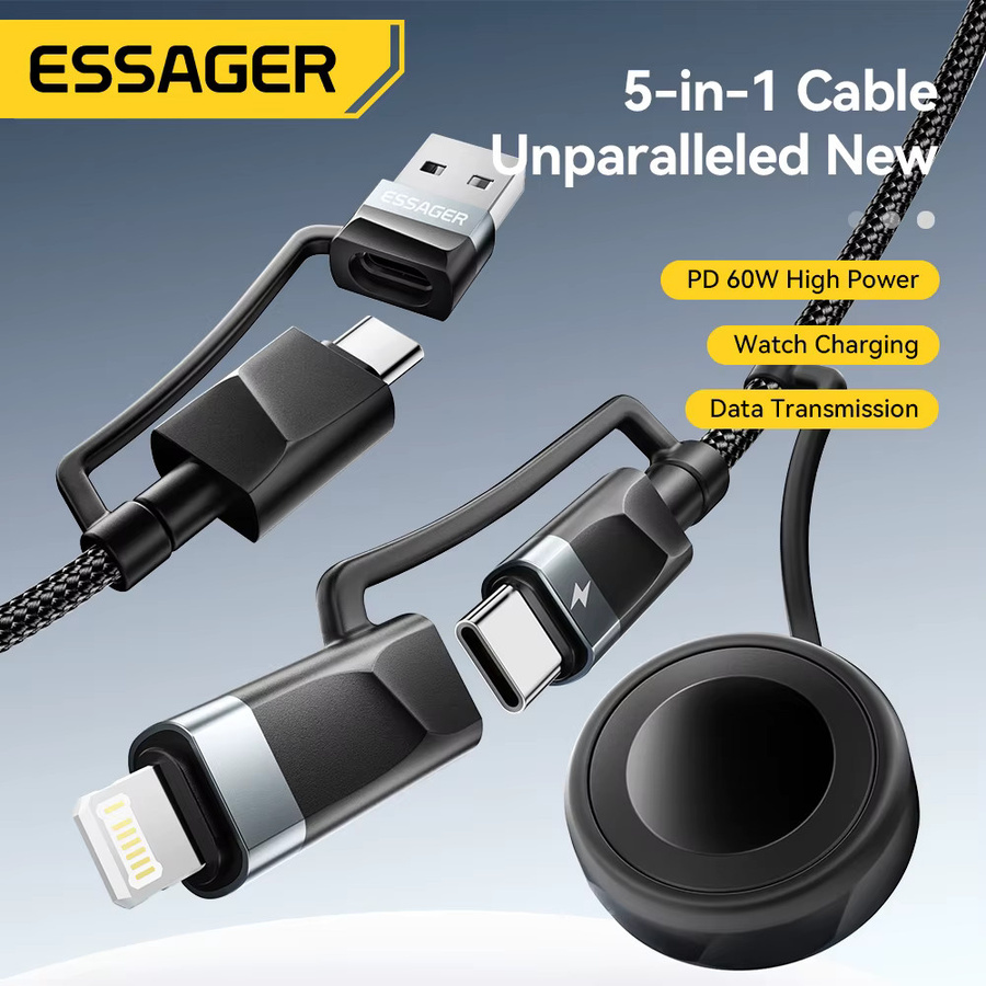 Essager 5-in-1 Magnetisches Ladegerät in Schwarz mit USB-C und Lightning-Kabel für iPhone 16 15 Pro Max, Huawei, iWatch 8, MacBook und iPad - Bild 2