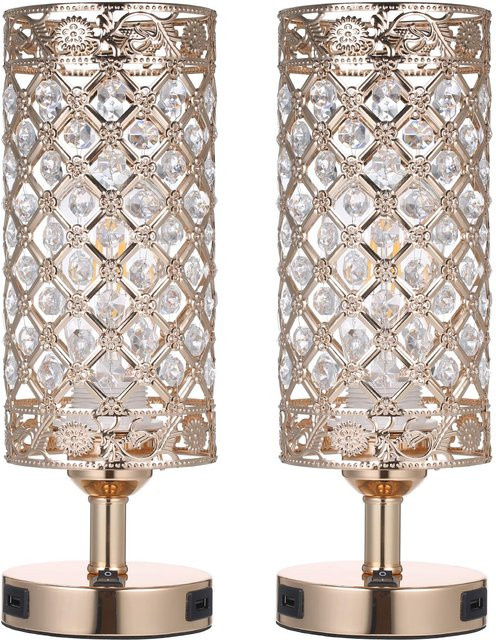 Tomshine Kristall-Nachttischlampe im 2er-Set, moderne Schreibtischleuchte aus Metall und Kristall in Gold/Messing und Transparent mit zwei USB-Ladeanschlüssen - Bild 1