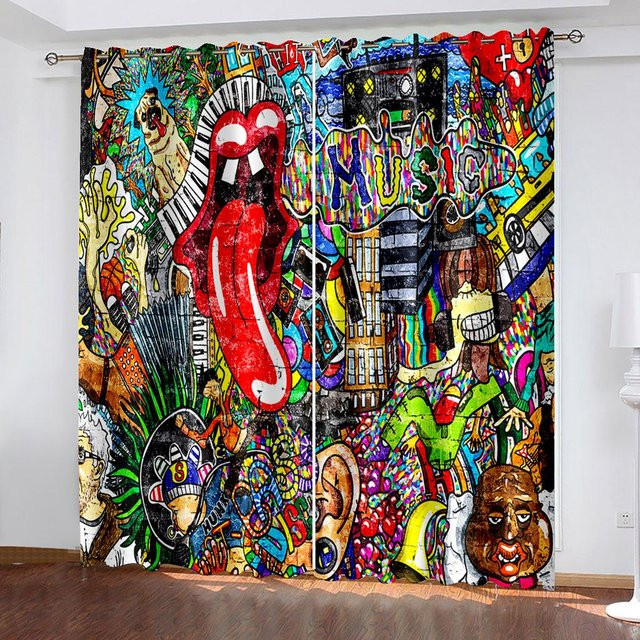Graffiti Street Art Design Fenster Vorhänge im europäischen Stil, 2er-Set, halbtransparent, Mehrfarbig, B: 25 cm, H: 60 cm - Bild 1