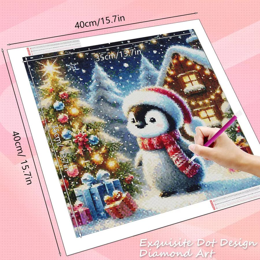 HUACAN Diamant-Gemälde Set Pinguin im Winterhaus als Wanddekoration mit Full Round Strasssteinen für Weihnachten B/H: 20 x 20 cm - Bild 2