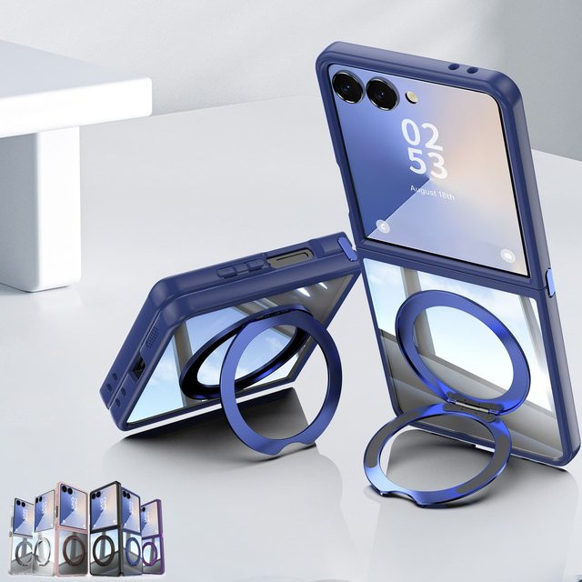 MagSafe Handyhülle mit 360 Grad drehbarer Halterung und Flip-Schutz für Samsung Galaxy Z Flip 7, Z Flip 6 und Z Flip 5, magnetisch und stoßfest, Grau und Blau - Bild 1