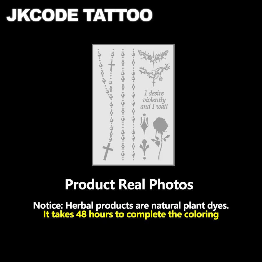 JKCODE TATTOO Temporäre Tattoos, Wasserfest, Set mit Kreuz-Armband, Dornenring, Rosen und Finger-Tattoos - Bild 4