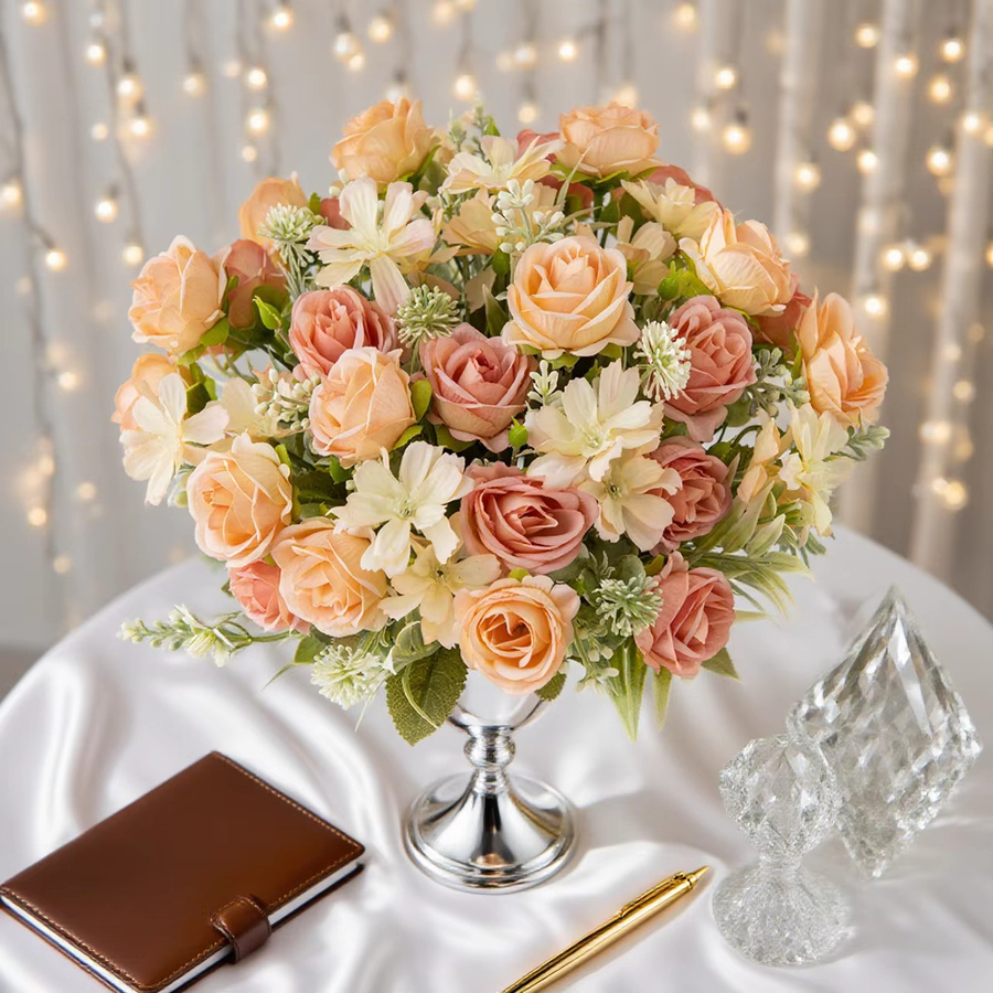 Künstliche Seidenrosen als floraler Brautstrauß und Tischdekoration in Pink und Gelb - Bild 2
