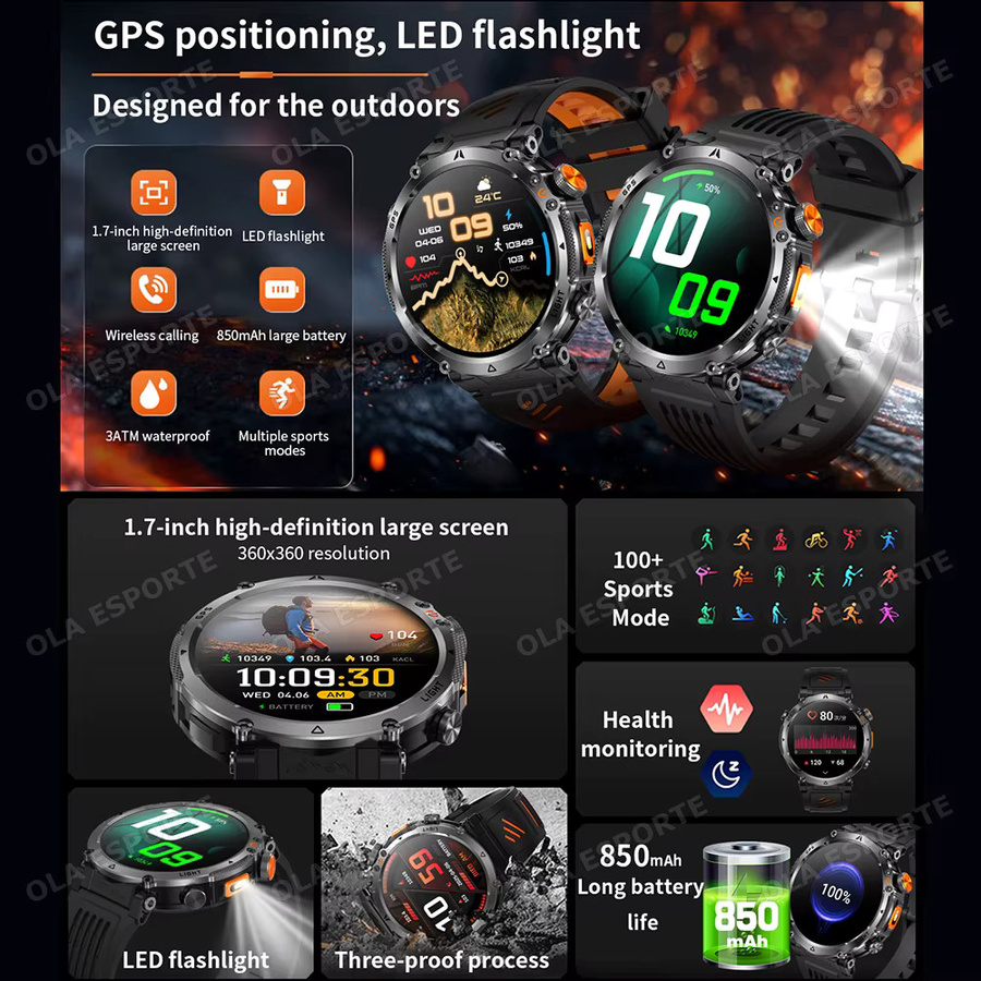 Ola Esporte Herren Smartwatch für Outdoor und Militär mit 1,7 Zoll HD-Display, Bluetooth-Anruffunktion, 1000mAh Akku und 3ATM Wasserdichtigkeit in Schwarz oder Blau - Bild 2