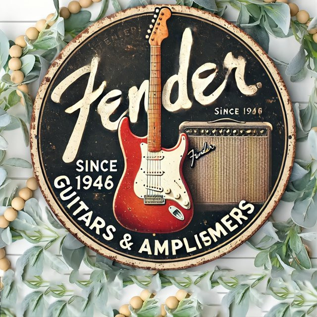 Rundes Vintage Aluminiumschild Potdemiel Fender Guitars And Sound Systems in Multicolour, Durchmesser: 20 cm - Bild 1