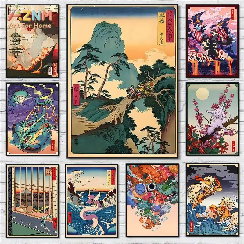 AZNM Ukiyo-e-Stil Pokemon Leinwand-Wanddruck mit Groudon, Kyogre und Espeon in japanischer Vintage-Landschafts-Illustration, ungerahmt, mehrfarbig - Bild 3
