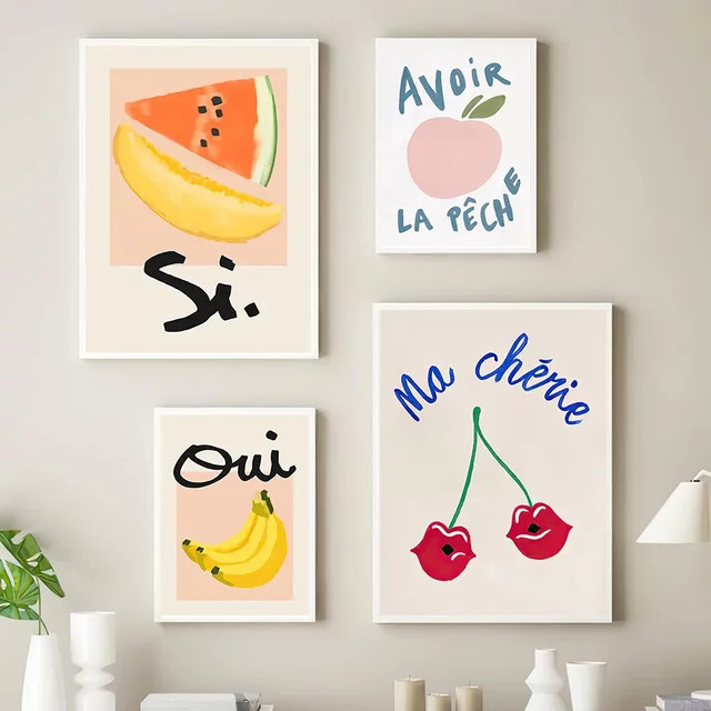 Minimalistisches Leinwandgemälde von Potdemiel mit Wassermelone, Banane, Kirsche und Pfirsich für deine moderne Wanddekoration - Bild 1