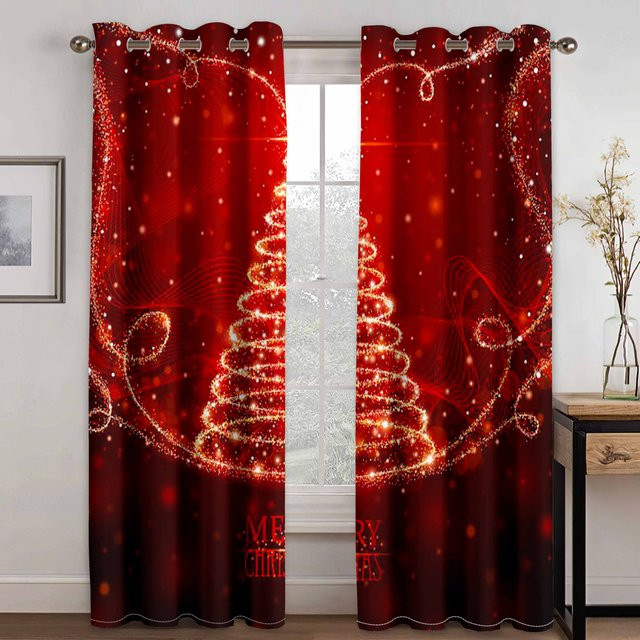 Yiran Furniture Weihnachtsmann Fenstergardinen Set aus Polyester in Rot mit Schnee-Motiv, 2 Stück, B: 100 cm, H: 130 cm - Bild 1