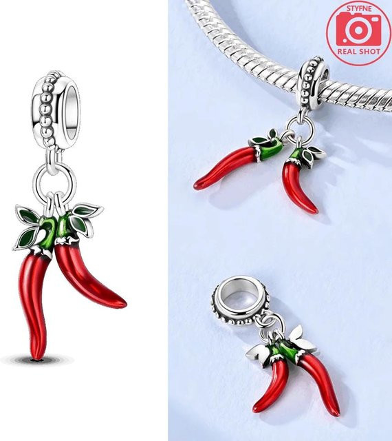 Charm-Perlenkomponenten Rote Chilischoten, Kupfermetall, Weiß, Damen - Bild 1