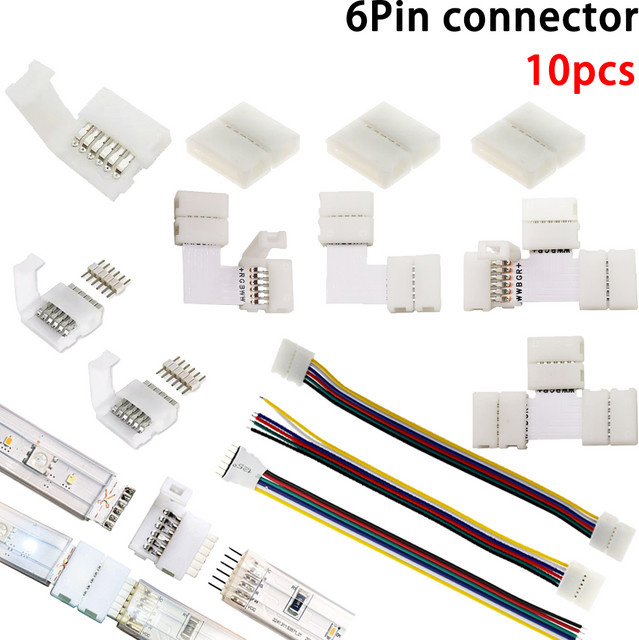 YSRSAI 10er Set LED Streifen Stecker 6-Pin für RGBCCT und RGBCW, L-Form und T-Form, 12mm, ohne Löten, weiß - Bild 1