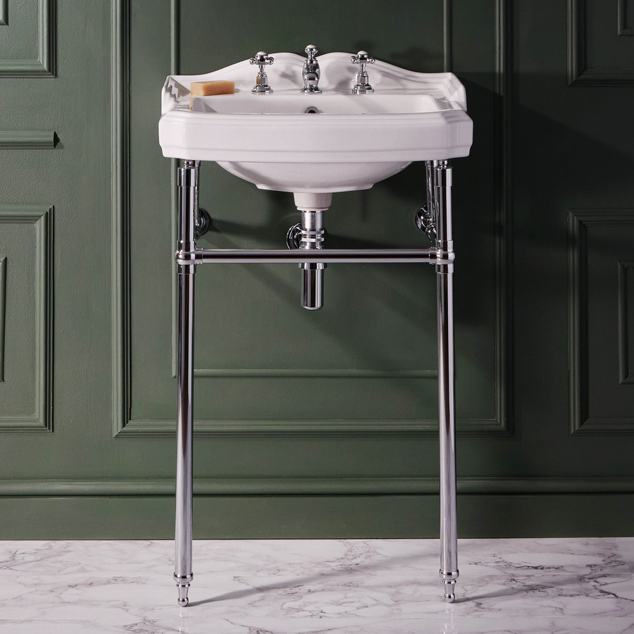 Regent Waschbecken mit Metallgestell in Chrom, Weiß, Breite: 59 cm, Tiefe: 49,5 cm, Höhe: 89,5 cm - Bild 1