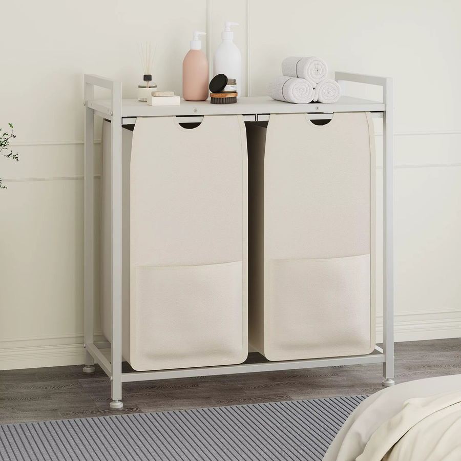 HiMISS Wäschesortierer mit 2 Fächern, freistehender Wäschekorb Organizer aus Metall und MDF in Weiß mit ausziehbaren Stoffbeuteln, 48L Beutelvolumen, B: 68,07 cm, T: 33,02 cm, H: 72,26 cm - Bild 2