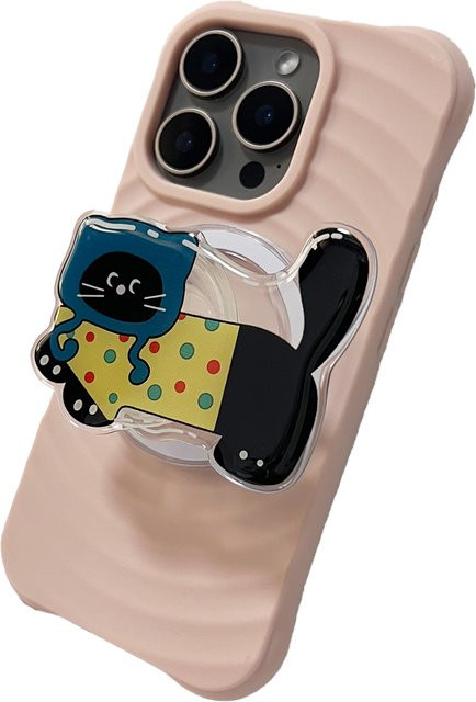 Schwarzer Katzen-Handyhalter mit blauem Hut und gelbem Mantel als Griptok-Halterung für iPhone 17 Pro Max Hüllen - Bild 1