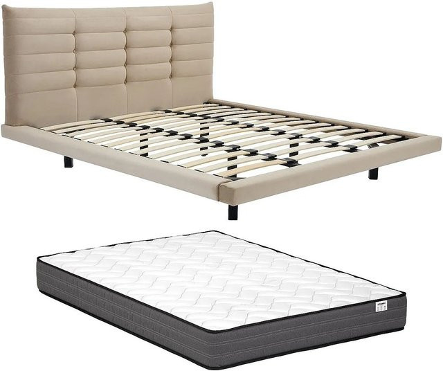 Vente-unique Bettrahmen Nisatio gepolstert in Beige mit Samtbezug und Steppung B/T/H: 160 x 200 cm - Bild 1