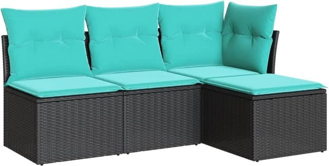 vidaXL 4-tlg. Garten-Sofagarnitur in L-Form aus Poly-Rattan mit blauen Kissen und pulverbeschichtetem Stahlrahmen in Schwarz - Bild 1