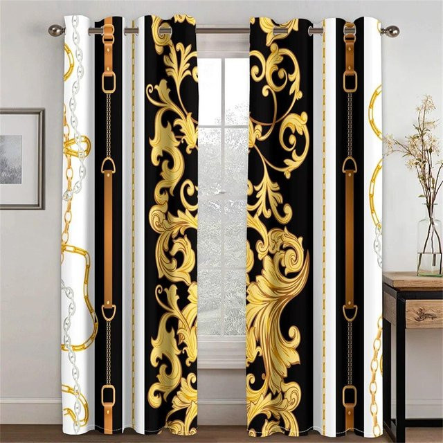 A Family Of Home Textiles 2er Set Barock Vorhänge in Schwarz und Gold, modern und semi-transparent, Breite: 50 cm, Höhe: 160 cm - Bild 1