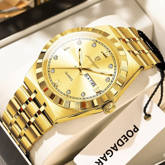 POEDAGAR Armbanduhr Edelstahl, Quarz, Herren, Gold, Silber, Datum, Wochentag - Bild 1