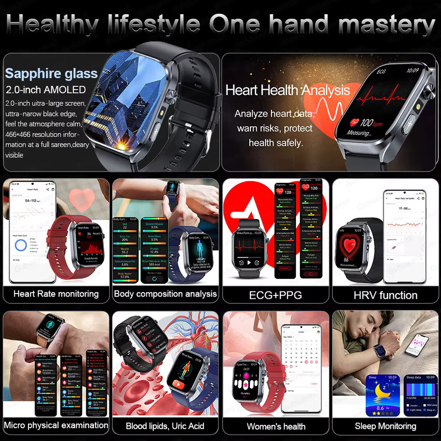 GUHUAVMI Smartwatch mit 2,0 Zoll AMOLED Display für Körperfettanalyse, EKG, Blutdruck und Anruffunktion in Schwarz - Bild 2