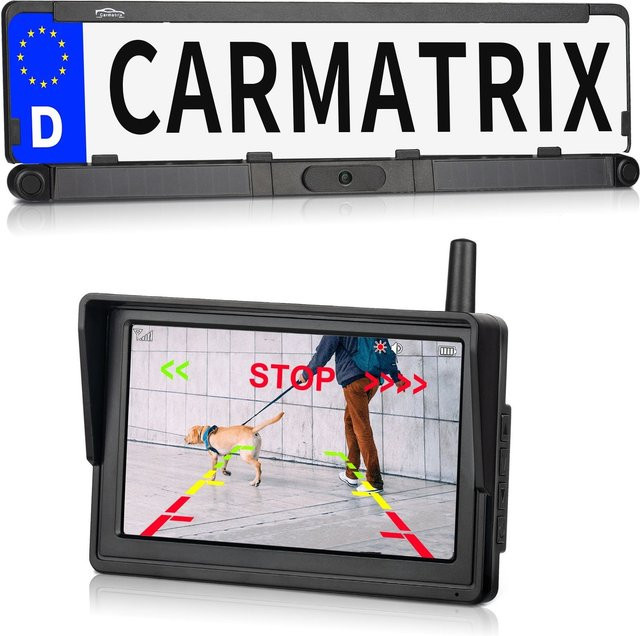 CARMATRIX Solar Funk Rückfahrsystem mit HD Rückfahrkamera im Nummernschild, 2 PDC Sensoren und Solarpanel, Schwarz - Bild 1