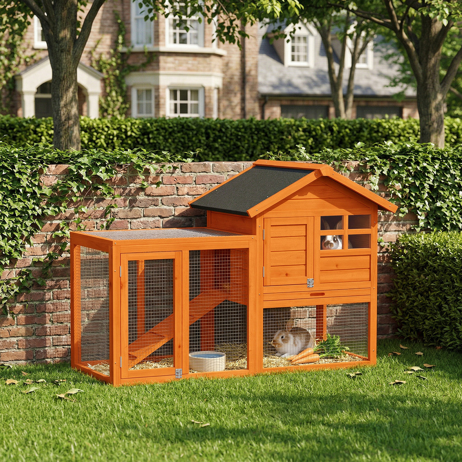 PawHut Hasenstall aus Holz in Orange mit 2 Etagen, wasserdichtem Bitumendach und Freilaufgehege, B/T/H: 123,5 x 62,6 x 92,5 cm - Bild 2