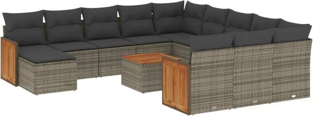 vidaXL 13-teilige Garten-Sofagarnitur aus Poly-Rattan und Akazienholz in Grau mit Kissen - Bild 1