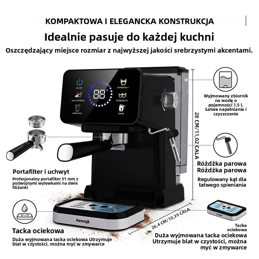 Aeomjk CM3171 halbautomatische Espressomaschine in Schwarz mit Touchscreen, Milchaufschäumer und 1,5 l Wassertank - Bild 7