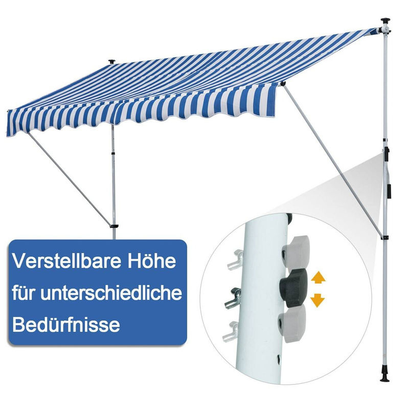 Outsunny Klemmmarkise mit Faltarmen und Handkurbel aus Aluminium und Polyester in Blau Weiß, B: 150 cm, L: 300 cm, H: 170-280 cm - Bild 2