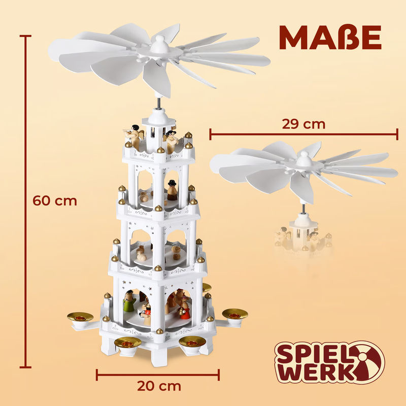 Spielwerk® Kerstpiramide XL in Weiß mit Engel-Motiv aus Holz und Metall für Weihnachten und Advent, H: 60 cm, B: 20 cm, T: 20 cm - Bild 4