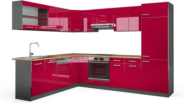 Vicco R-Line Eckküche modern in Bordeaux Hochglanz und Anthrazit mit Eiche Optik B/T/H: 227 x 287 x 207 cm - Bild 1