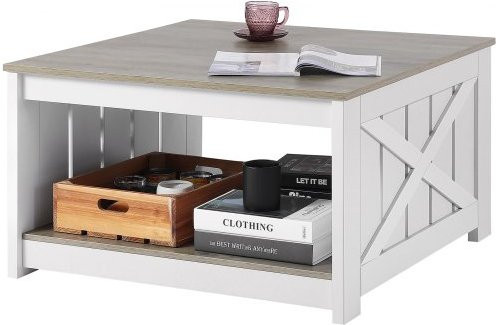 VEVOR Couchtisch im Farmhouse-Stil aus Holz mit offenem Ablagefach, quadratischer Kaffeetisch in Grau und Weiß - Bild 1