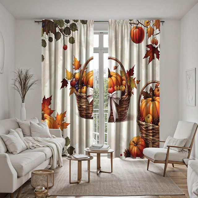 2er Set dekorative Vorhänge mit Thanksgiving Herbst Laub und Kürbis Motiv in Gelb und Weiß, B: 132 cm, H: 160 cm - Bild 1