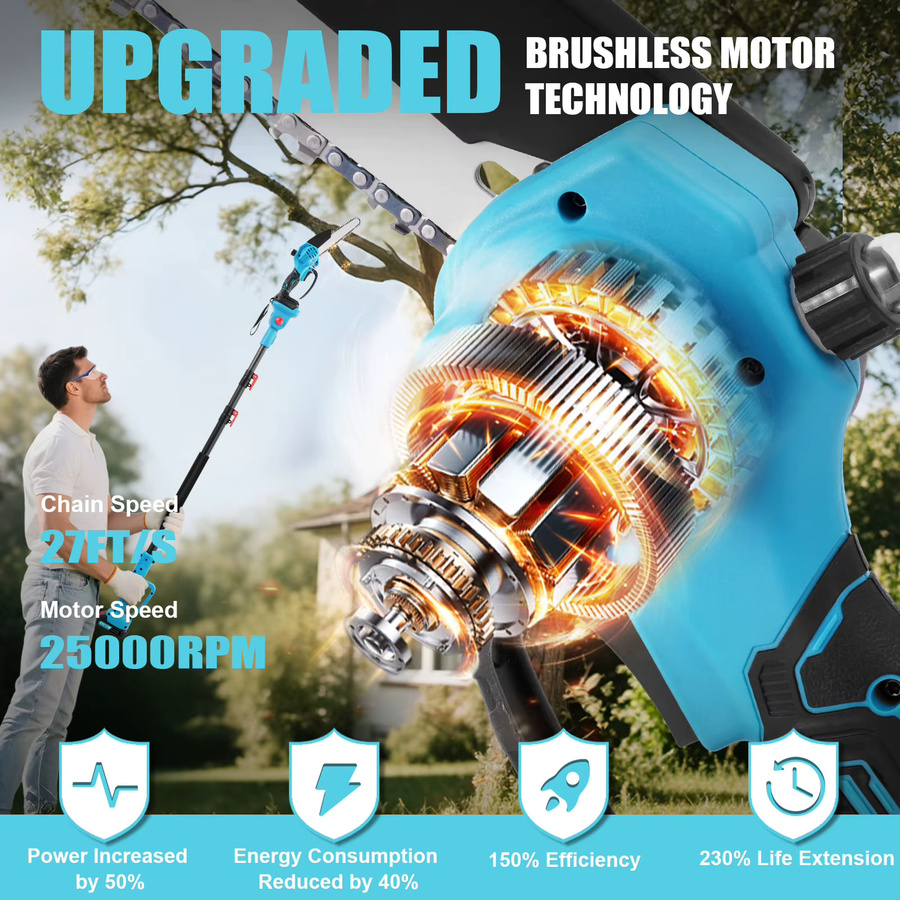 Bürstenlose Teleskop-Elektrokettensäge 8 Zoll für hohe Äste, blaues Gartenschneidewerkzeug kompatibel mit Makita 21V Akku - Bild 5