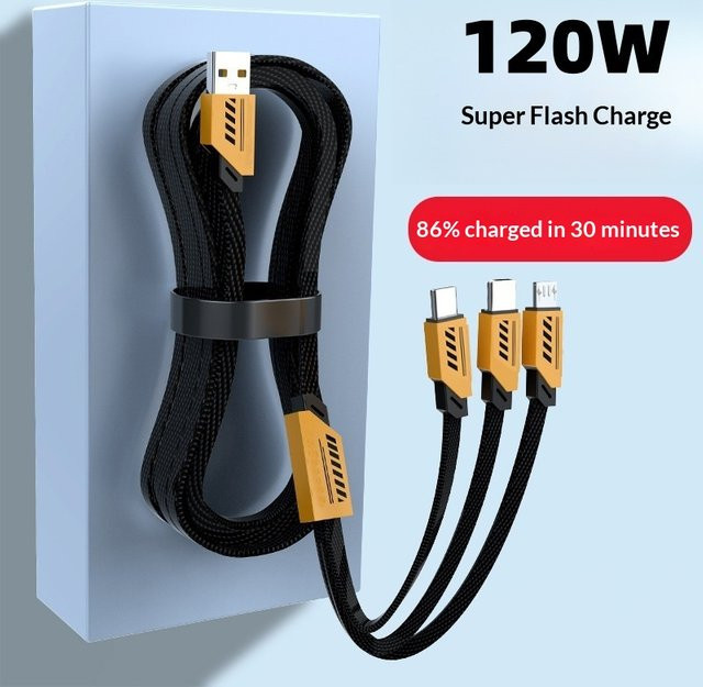 Drei-in-Eins Schnellladekabel 120W aus Metall mit geflochtenem Design für USB-C und Auto - Bild 1