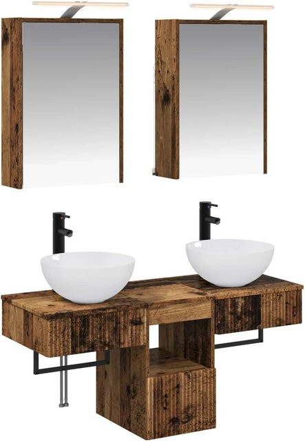 vidaXL Badezimmerschrank-Set aus Altholz in Braun, 5-teiliges Set mit Waschtischunterschrank und Spiegelschrank mit LED-Beleuchtung, B/T/H: 43 x 16 x 62,5 cm - Bild 1