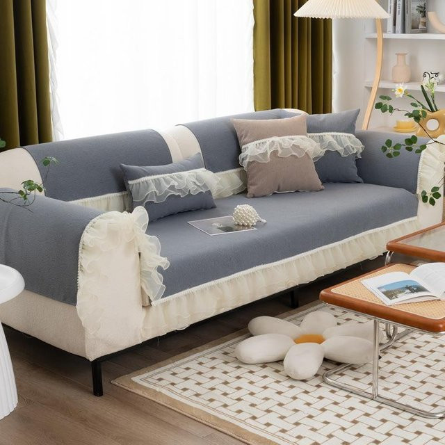 Super Six Chenille Sofakissenbezug mit Perlen-Spitze im Girly-Stil, Anti-Kratz und Anti-Rutsch, B/T: 70 x 70 cm - Bild 1