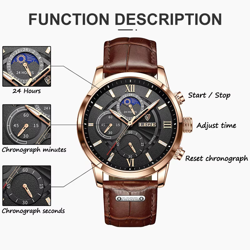 LIGE Armbanduhr Leder, Quarz, Schwarz, Roségold, Herren - Bild 3