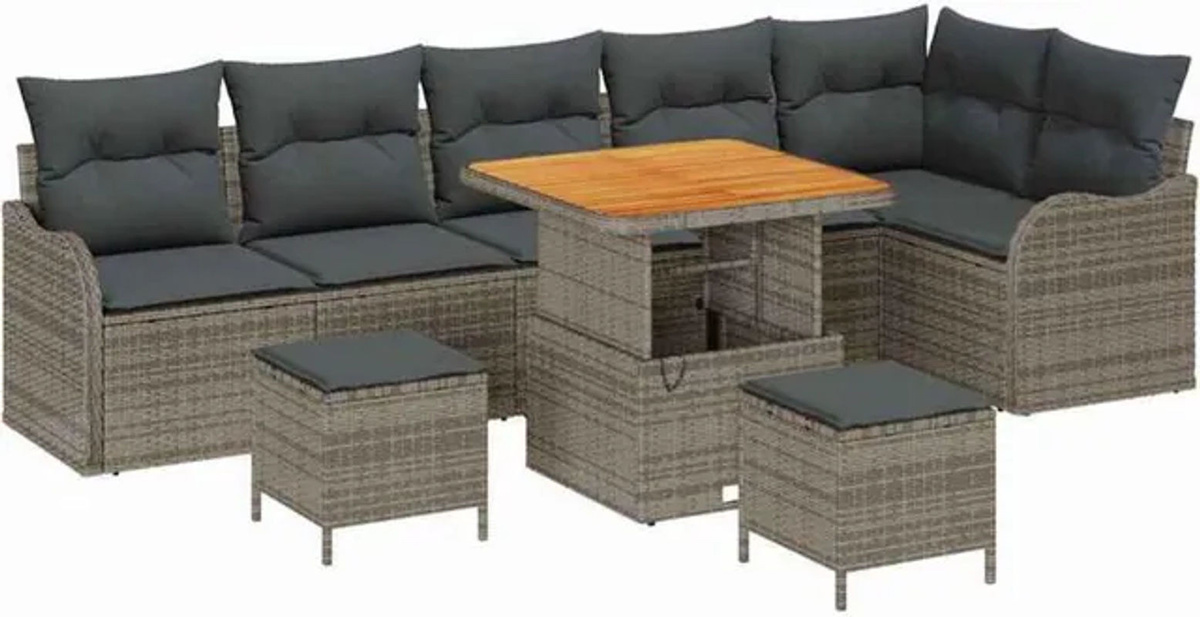 vidaXL Garten-Sofa-Set aus Poly-Rattan und Massivholz in Grau, 9-teilig und höhenverstellbar - Bild 1
