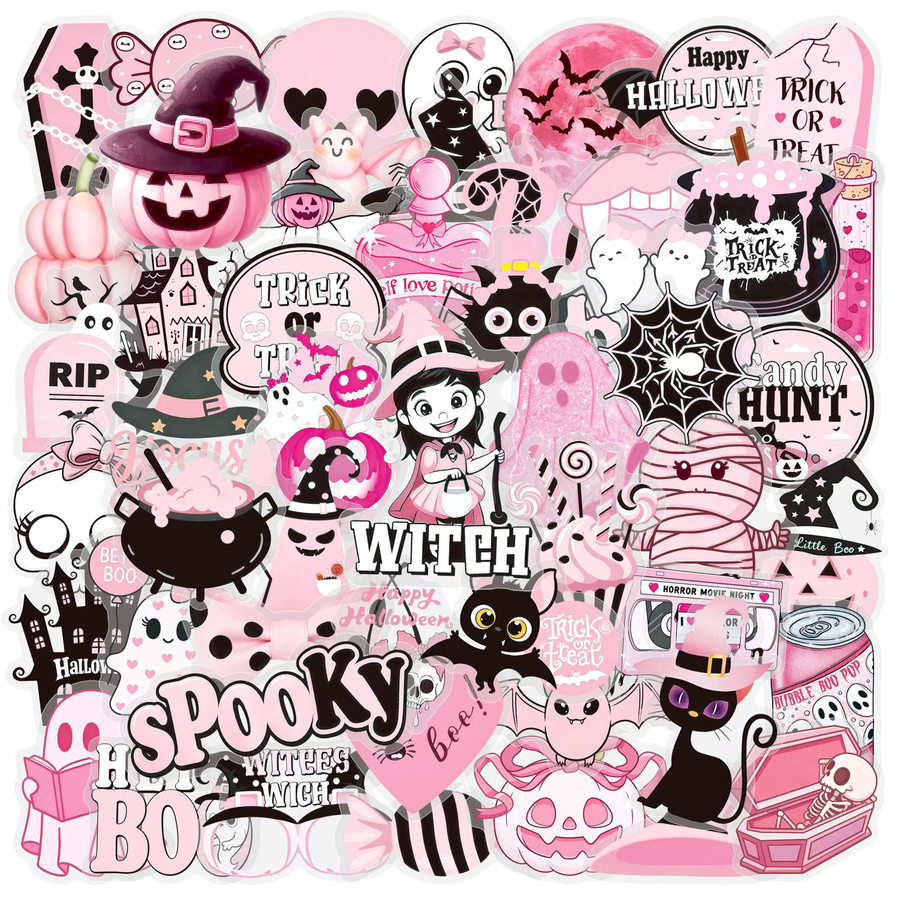 50 Stück Halloween-Aufkleber im Cartoon-Design, rosa PET-Sticker für DIY-Dekorationen, wasserfest - Bild 2