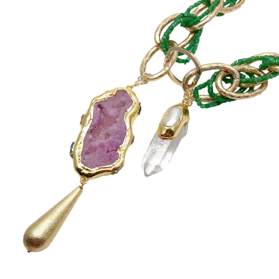 SETTIMANA Halskette, Grüne Kristall-Loop-Kette, Fuchsia-Achat-Scheibe, weißer Quarz, Biwa-Perlen-Punkt-Anhänger, 61 cm, Unisex - Bild 2