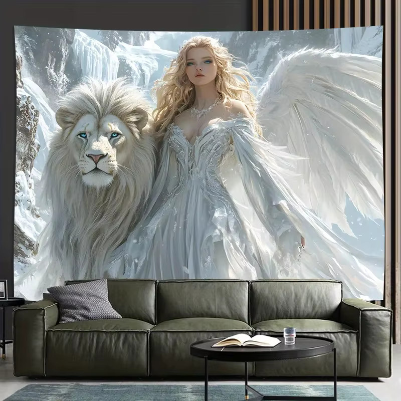 VIKAMA Wandteppich Eisengel mit schneebedeckter Berglandschaft in Weiß, moderne Textil-Wandkunst für dein Wohnzimmer oder Schlafzimmer - Bild 2