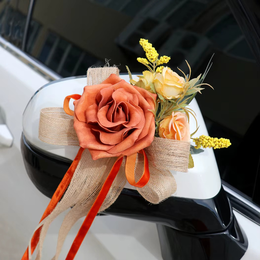 Yannew 4er Set Just Married Blumendekoration für Hochzeit in Blau mit Rosen-Design für Autotürgriffe und Rückspiegel - Bild 1