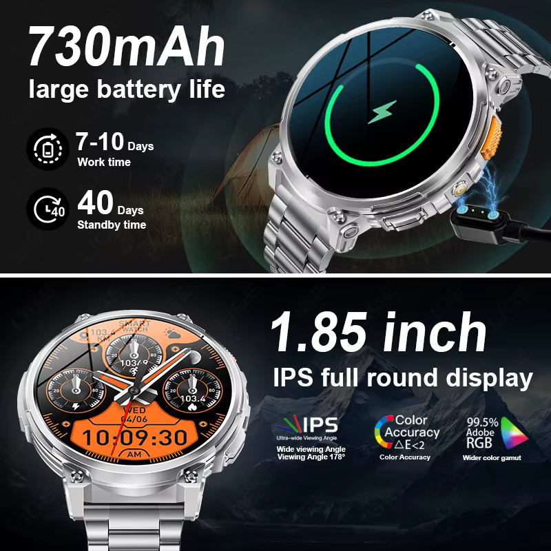LIGE K66 Smartwatch für Herren mit Taschenlampe und Bluetooth-Anruf, 1,85 Zoll Display, 128 MB Speicher und 730 mAh Akku, Outdoor-Sport-Smartwatch in Schwarz und Silber - Bild 4