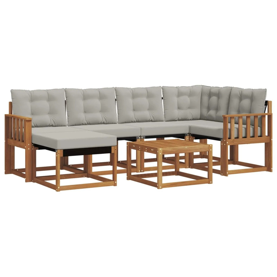 vidaXL Outdoor-Sofagarnitur 7-teilig in L-Form aus Akazienholz und Textilene mit Kissen, Farbe: Natur und Hellgrau - Bild 2