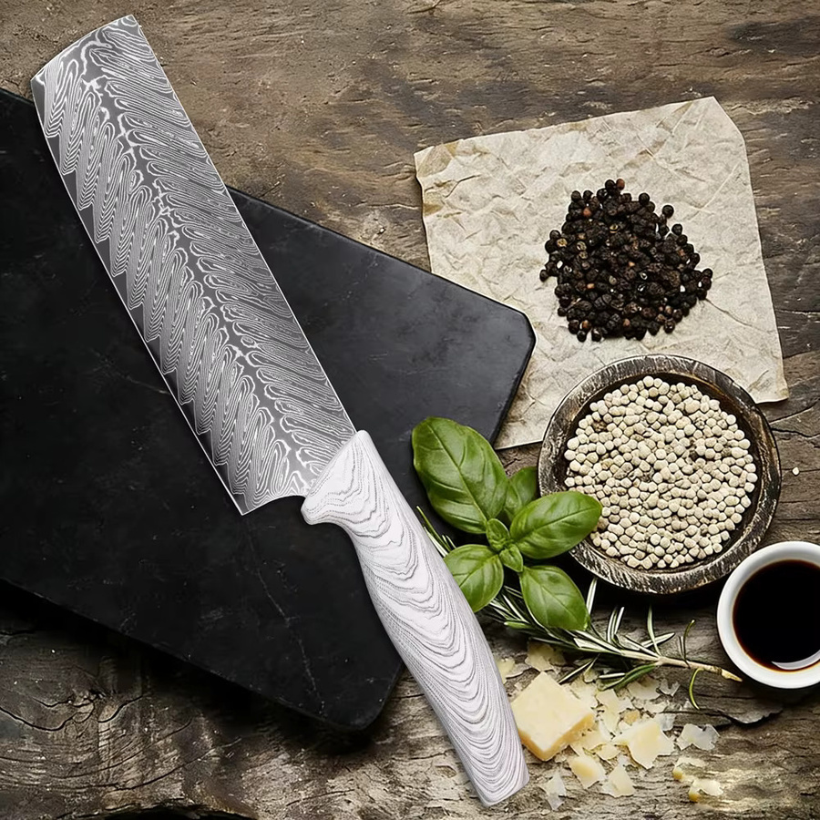 Baovim Damaszener Stahl Kochmesser 8 Zoll in Silber mit ergonomischem ABS-Kunststoffgriff, Fleischschneidemesser, Schere und Schäler Set - Bild 2