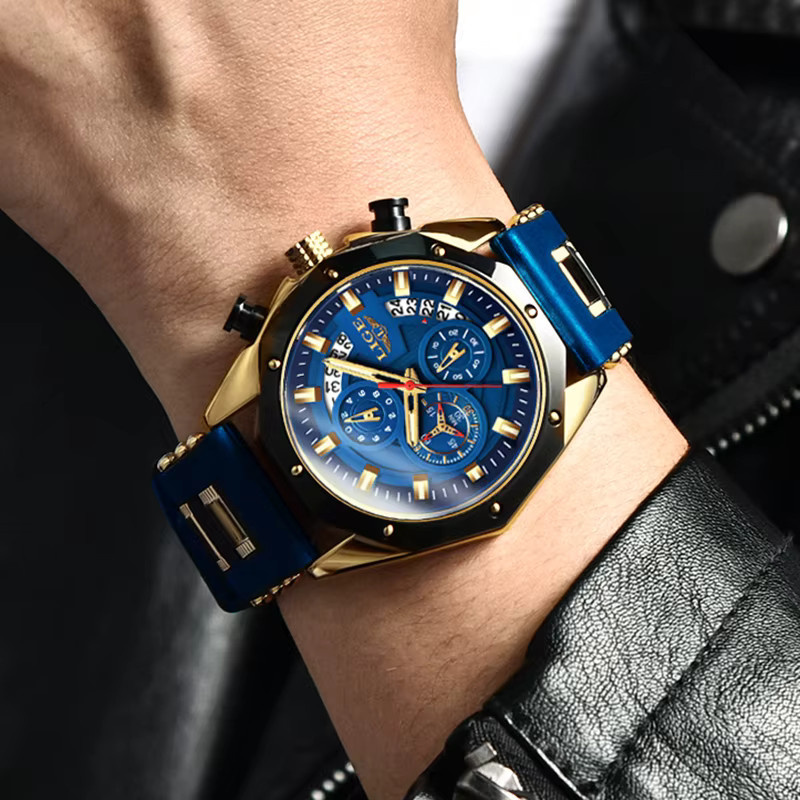 LIGE Chronograph Armbanduhr, Quarz, Blau, Silikon, Herren - Bild 5